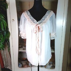 💞 Vintage I Magnin Babydoll Nightgown Pink Satin Lace Sheer Chiffon Size S